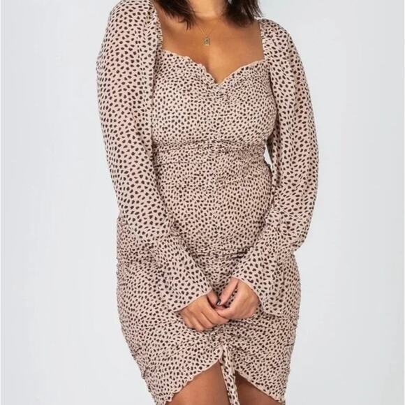 Princess Polly Women Brown Leopard Mini Dress Longsleeve Ruffle Cocktail Size 8 - Picture 1 of 7